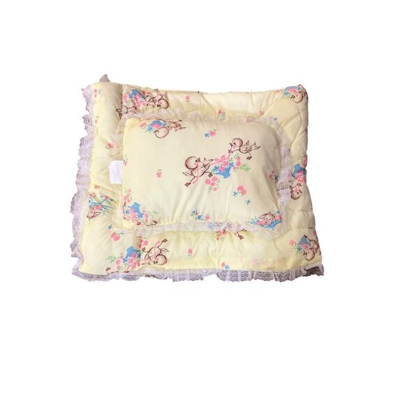 Vintage JCPenney Crib Quilt & Pillow Set Lace Edge Floral Baby Blanket Nursery - Picture 16 of 16